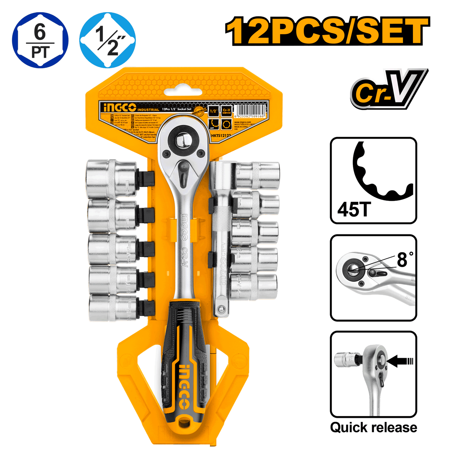 Juego De Dados M1/2 12Pzs 10-24Mm Con Ratchet Y Extensión INGCO HKTS12122 - MARKEMSTORE