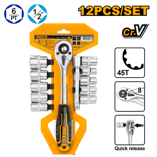 Juego De Dados M1/2 12Pzs 10-24Mm Con Ratchet Y Extensión INGCO HKTS12122 - MARKEMSTORE