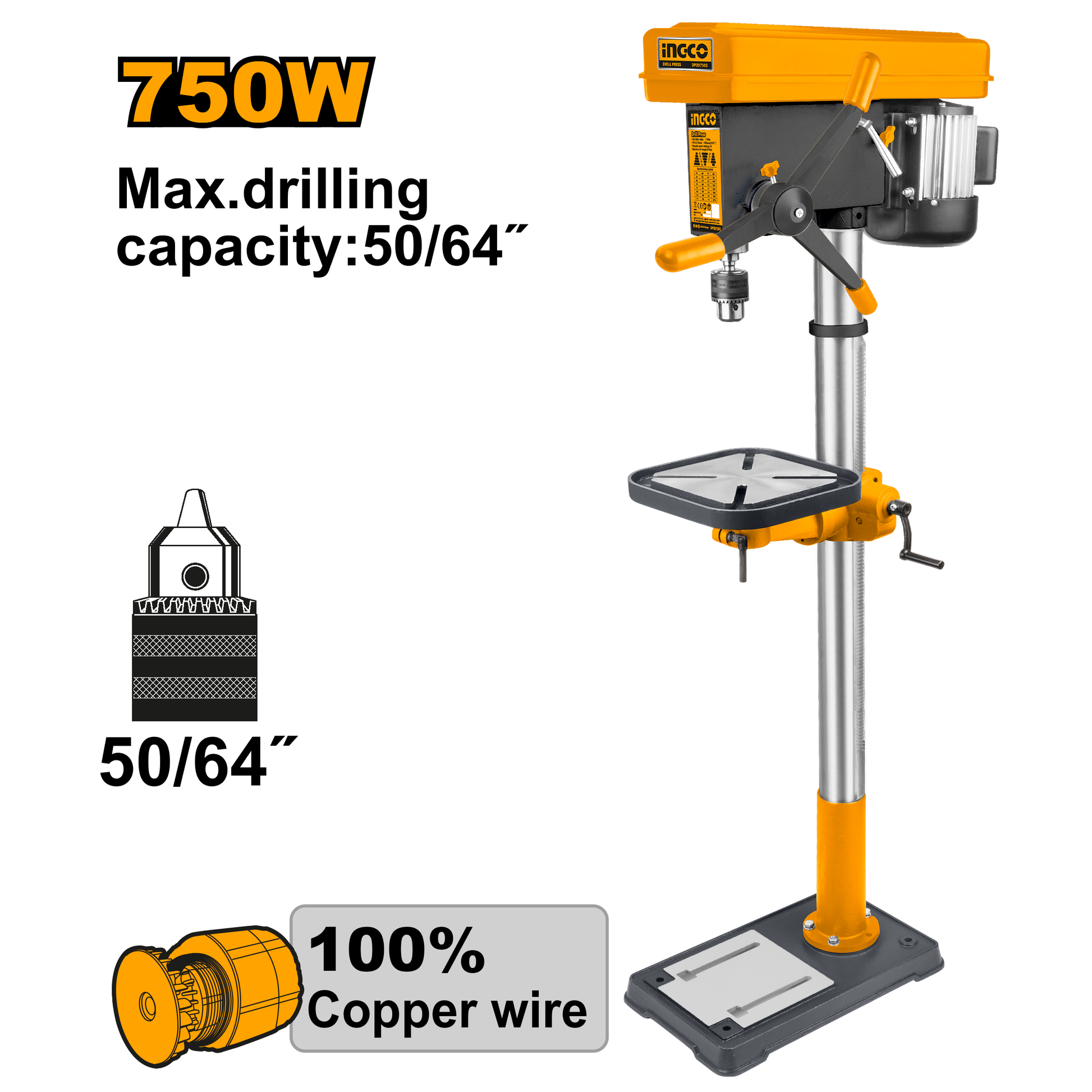 Taladro De Banco 120V 60Hz 750W Mandril 50/64 INGCO UDP207505 - MARKEMSTORE
