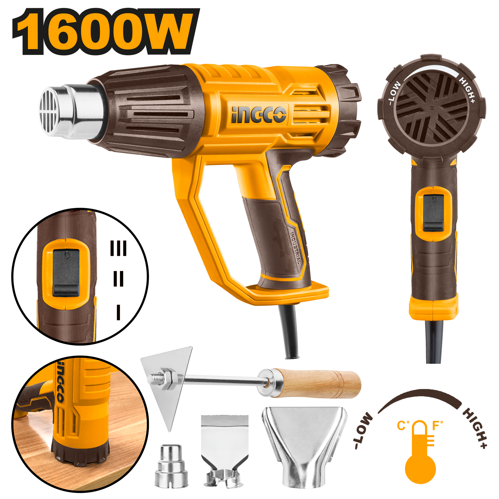 Pistola De Calor 110/120V 60Hz 1600W 450/550°C Con Boquillas Y Raspador INGCO UHG160047 - MARKEMSTORE